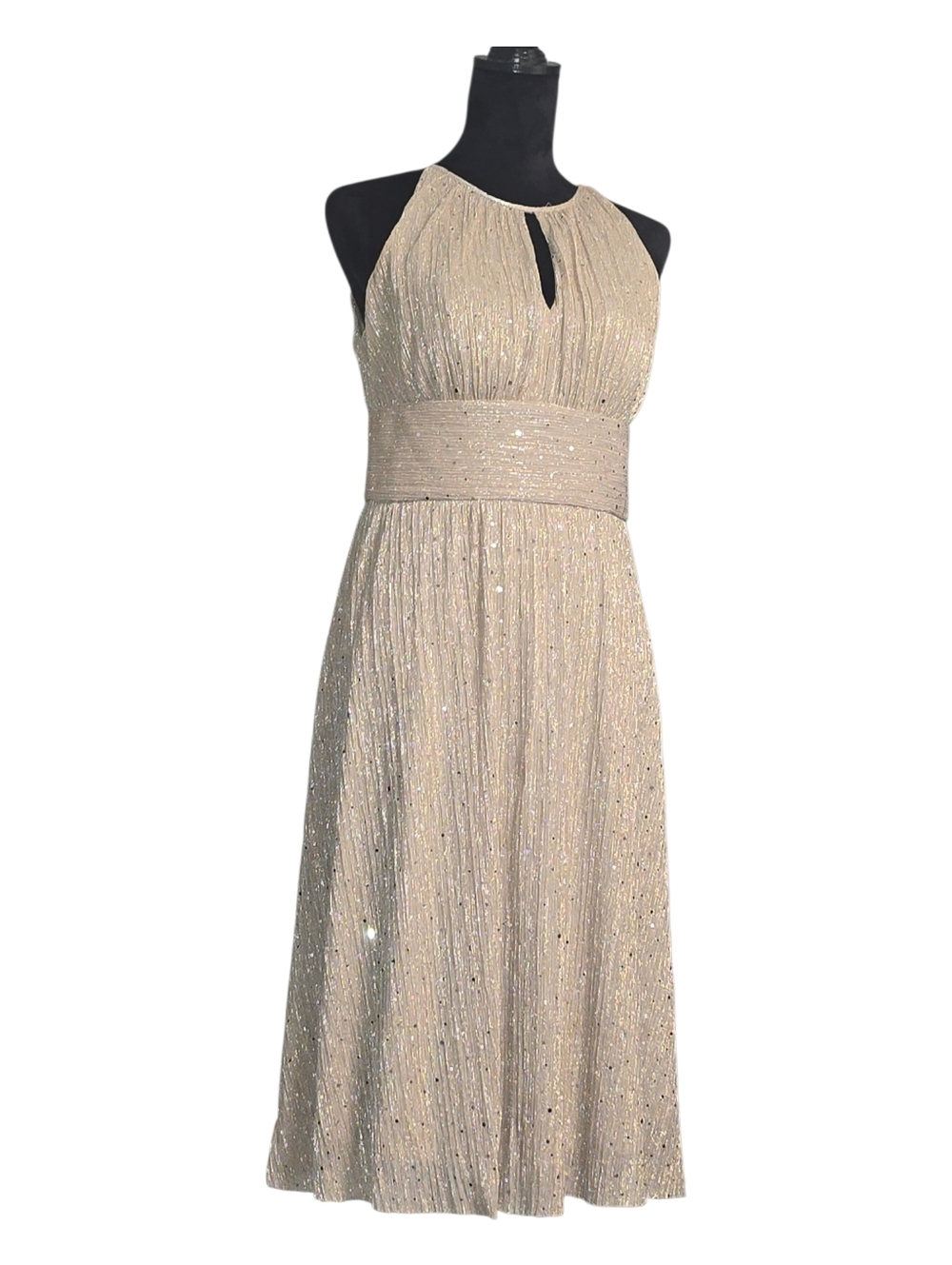 R&M Richards Champagne Sparkle Halter Midi Dress